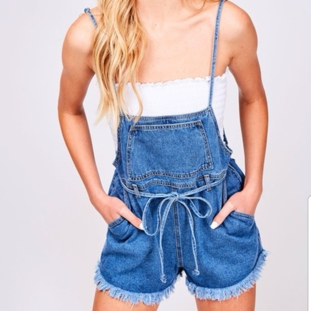 Forever 21 Contemporary Denim Overalls Shorts Romper Blue Raw Hem High Rise